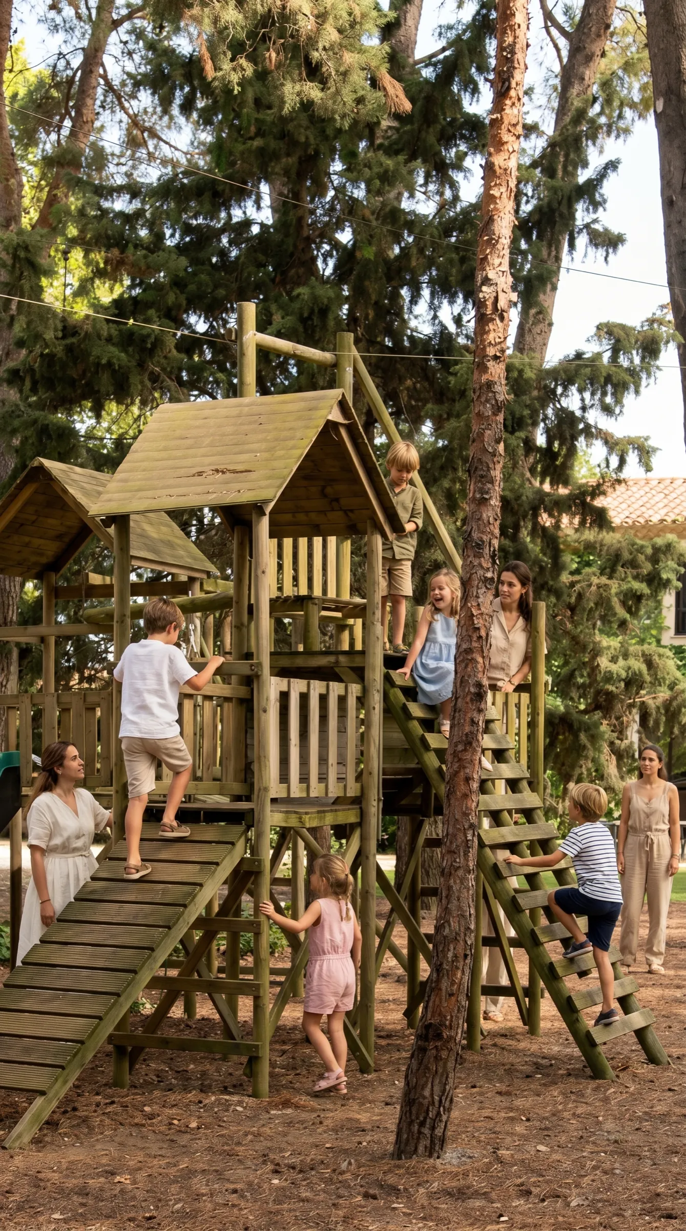 Dzieci bawiące się na placu zabaw Domaine de la Jasso pod opieką animatorów